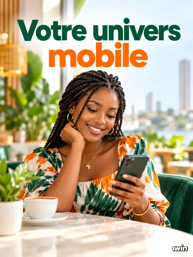 Femme utilisant son téléphone à une terrasse avec le message Votre univers mobile.